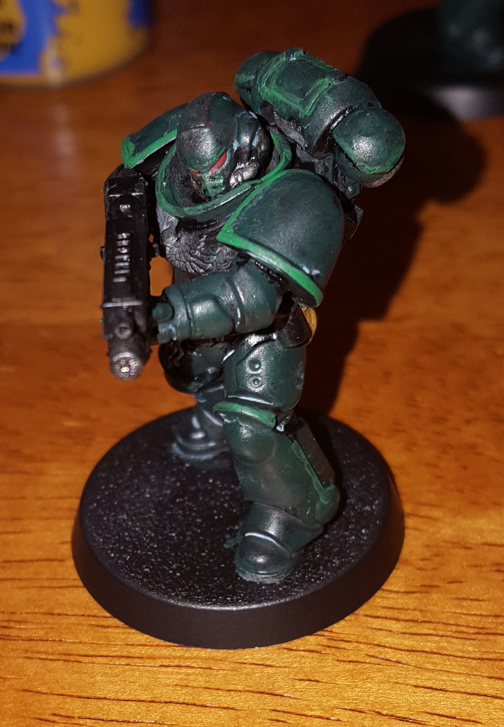 Side view of Warhammer 40k Primaris Intercessor with prototype paint job.